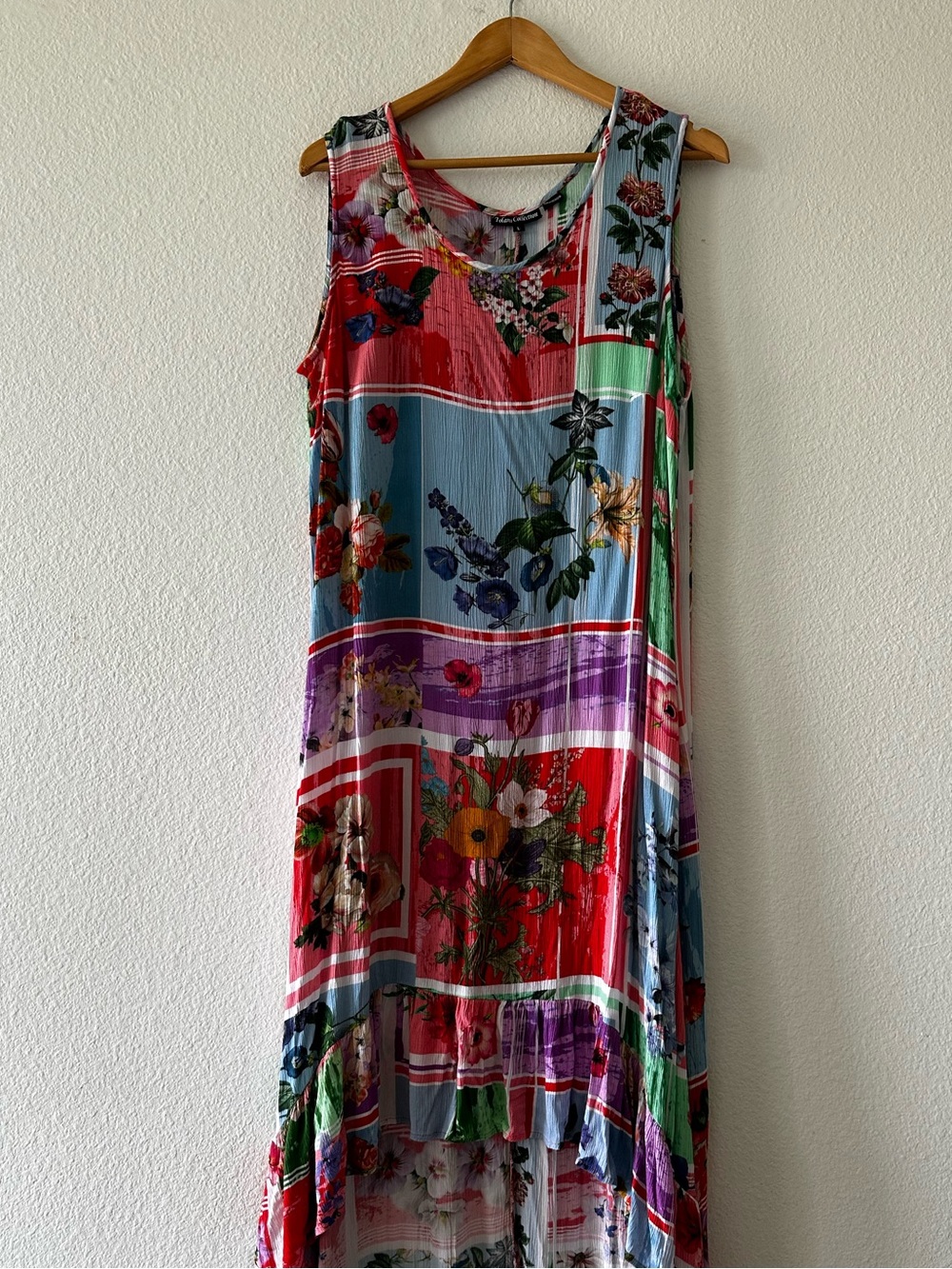 Tolani Sleeveless High-Low Floral Patchwork Maxi Dress in Red, Blue, Purple